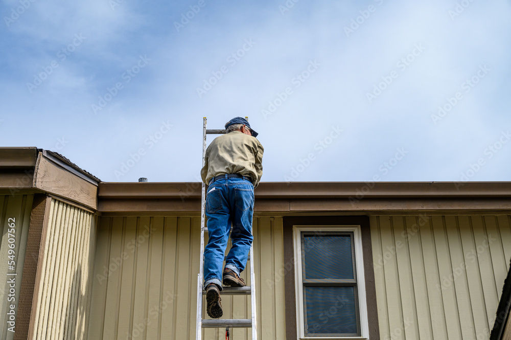 Wall mural Senior man climbing an aluminum extension ladder to a home rooftop
