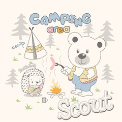 camping cute bear and little friend vector