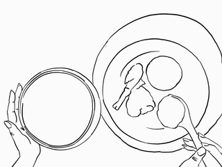 An Illustration of two hands sercing ifisahi onto a plate of pap and vilage chicken