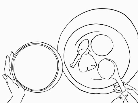 An Illustration of two hands sercing ifisahi onto a plate of pap and vilage chicken