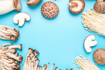Flat lay of different edible mushrooms on blue background close-up.