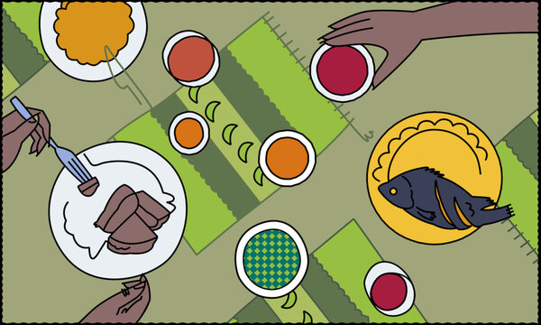 A flat-lay illustration of hands eating sweet potatoes