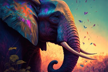 Colorful painting of a elephant with creative abstract elements as background