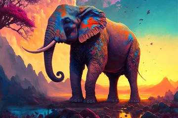 Foto op Aluminium Kleurrijk schilderij van een olifant met creatieve abstracte elementen als achtergrond © FuryTwin