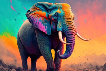 Colorful painting of a elephant with creative abstract elements as background