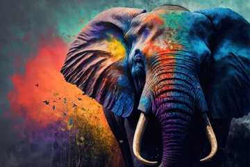 Foto op Canvas Colorful painting of a elephant with creative abstract elements as background © FuryTwin