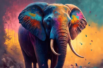 Foto op Aluminium Colorful painting of a elephant with creative abstract elements as background © FuryTwin