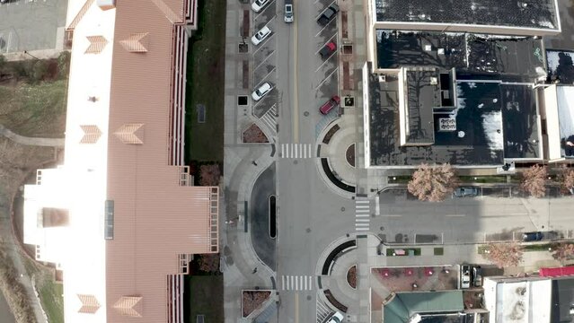 Downtown Midland, Michigan along E. Main Street with drone video overhead.