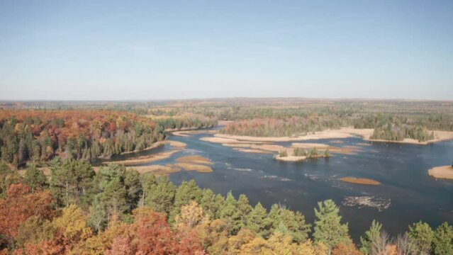 Au Sable River in Michigan with fall colors and drone video moving up.