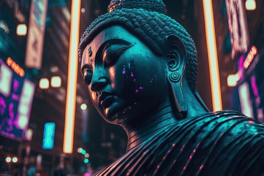 Close up of Buddha in a futuristic style. high-tech neon light. concept of cyberpunk. Digital Rendering