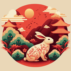 Happy chinese new year 2023 year of the rabbit zodiac background flower lantern