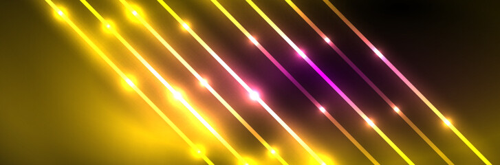 Shiny neon lights, dark abstract background with blurred magic neon light curved lines