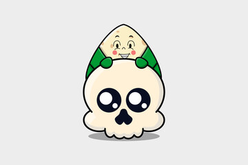 Cute Chinese rice dumpling cartoon character hiding in skull illustration in flat modern design