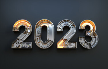 New year 2023 made from the mechanical alphabet with gear.
