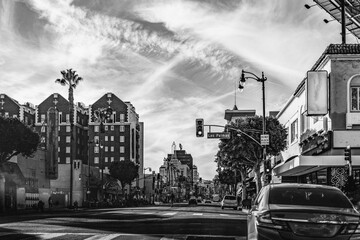 Hollywood Boulevard street landscape in Los Angeles, California, USA, black and white retro-style...