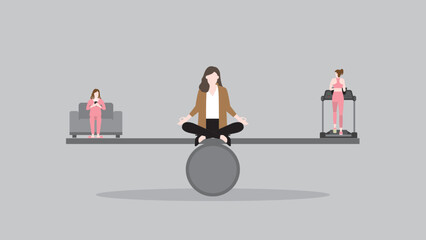 Balance concept. A meditation woman sits and thinks at center of a seesaw beam between playing smartphone on a sofa and running on treadmill. A people lifestyle of lazy and cardio exercise routine.