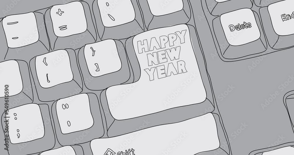 Poster computer keyboard with happy new year text. close-up of an electronic computer device part, keypad. 