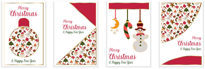 Fototapeta na wymiar Set of four Christmas card designs with pattern decoraton on white background and copy space