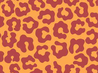 Red leopard rosettes on orange seamless pattern vector. Cartoon bold colored animal skin texture. Hand-drawn panthera cartoon surface design
