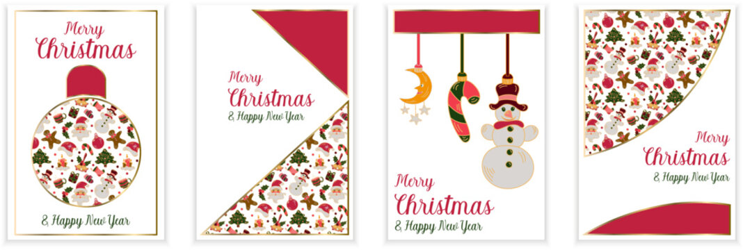 Set of four Christmas card designs with pattern decoraton on white background and copy space