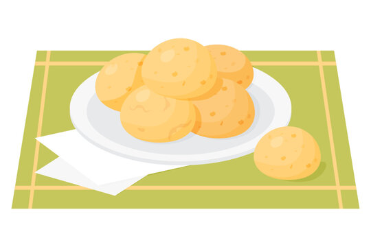Brazilian cheese bread. Popular snack and breakfast food. Traditional brazilian recipe. Small or cheese bun - Pao de queijo. Vector illustration of Latin American national dish.