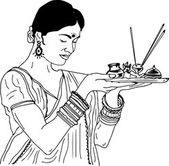 Indian woman worshiping god as per Hindu rituals holding puja thali in hand, Indian lady doing pooja sketch drawing vector illustraiton, celebrating hindu festival clip art - obrazy, fototapety, plakaty