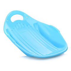 Children's plastic blue sled isolated on a white background. Sleds for skiing downhill in winter. Children's toys. Slide board