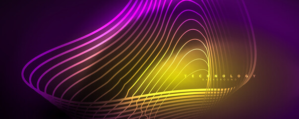 Techno neon wave lines, dynamic electric motion, speed concept. Templates for wallpaper, banner, background, landing page, wall art, invitation, prints