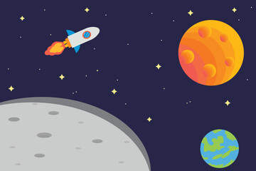 vector banner background with the theme of outer space, rocket, moon, outer space.