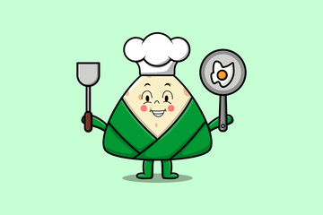 Cute cartoon Chinese rice dumpling chef character holding pan and spatula in flat cartoon style illustration