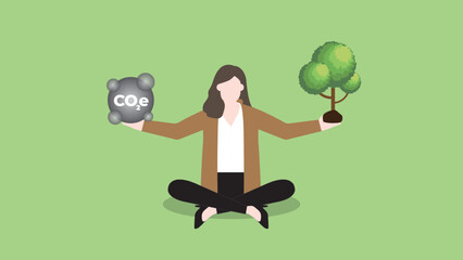 A woman balances CO2e gas pollution and tree in hand. ESG and green business policy concept of net zero emission, carbon footprint, carbon dioxide equivalent, global greenhouse gas, save the world.