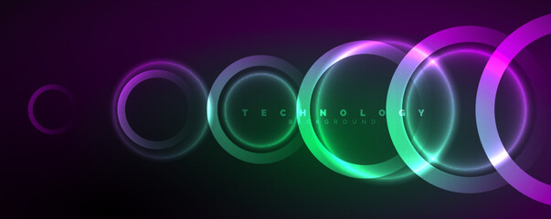 Neon glowing circles and round shape lines, magic energy space light concept, abstract background wallpaper design