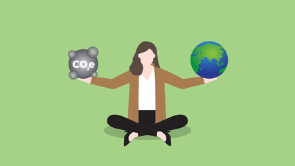 A woman balances CO2e pollution and the earth in hand. ESG and green business policy concept of net zero emission, carbon footprint, carbon dioxide equivalent, global greenhouse gas, save the world.
