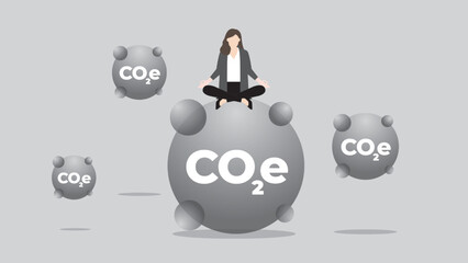 A calm businesswoman sits and thinks about CO2e Gas. ESG and green business policy concept of net zero emission, carbon footprint, carbon dioxide equivalent, global greenhouse gas, save the world.