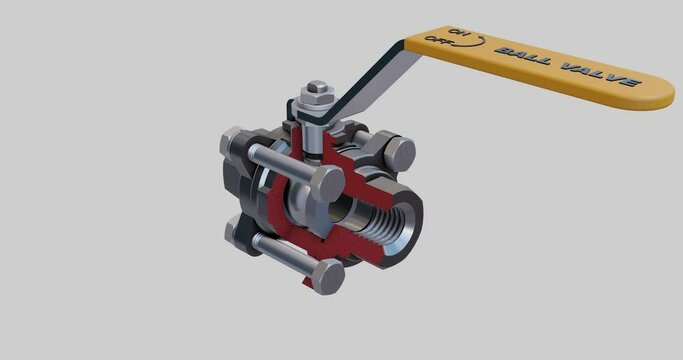 A three-piece ball valve gradually reveals internal seal rings, ball, stem and many more
