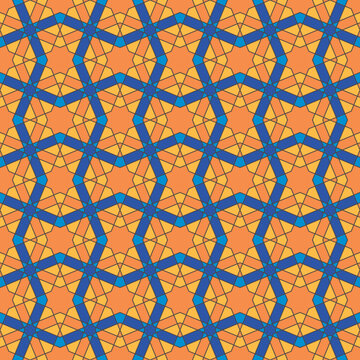 Seamless arabic geometric ornament in blue ,orange and black colors.