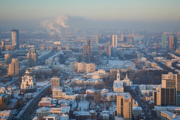 Ekaterinburg, Russia. Winter frosty evening. City center from a height
