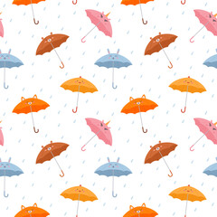 Seamless pattern with bright colorful umbrellas with different animal faces flat style