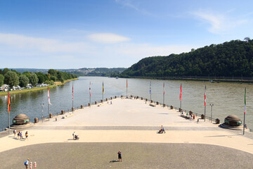 Fototapeta na wymiar Panorama view from Emperor William monument statue towards Deutsches Eck (German Corner) between Rhine and Moselle river in Koblenz, Germany