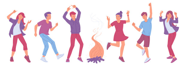 Bonfire dancing party people characters flat vector illustration isolated.