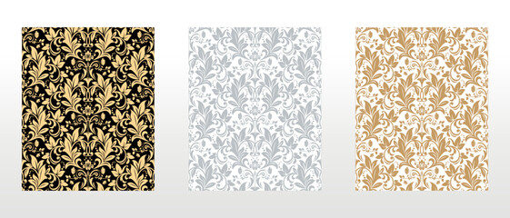 Wallpapers in the style of Baroque. Seamless vector backgrounds. Set of colored floral ornaments. Graphic patterns for fabric, wallpaper, packaging. Ornate Damask flower ornaments