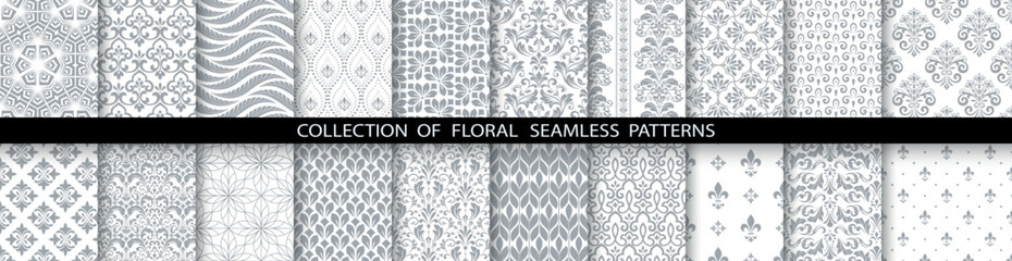 Fototapeta premium Geometric floral set of seamless patterns. White and gray vector backgrounds. Simple illustrations