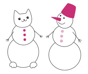 Snowman and snow cat. Cute cat snowman. Hand drawn vector illustration for Christmas and New year. Doodle cartoon style. Isolated on white background. 