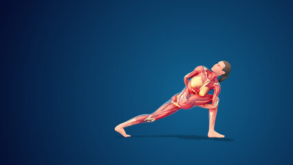 3D human Parivrtta Baddha Parsvakonasana or Revolved Side Angle yoga pose on blue background
