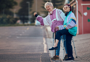 Hand, thumbs up and senior women with disability in a road for travel, fun and waiting for taxi in a city. Elderly, friends and disabled seniors hitchhiking while waiting for cab ride in a street - obrazy, fototapety, plakaty