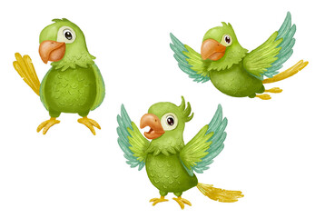 Green parrot bird sitting and flying. Hand drawn cartoon character set isolated on white.