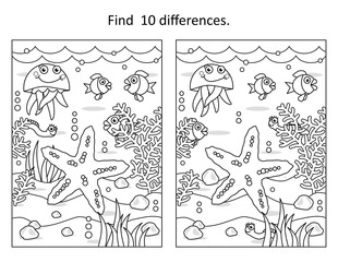 Underwater difference game with starfish and sea life
