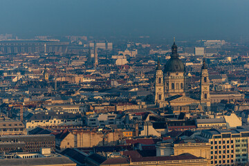 Fototapeta premium Budapest, Hungary The city view from the Matthias Church, or .Mátyás Templom, towards the St. Stephen's Basilica or.Szent István Bazilika