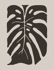 Abstract Naive Tropical Monstera Leaf Poster. Modern Floral Print in Contemporary Minimal Style. Boho Vector