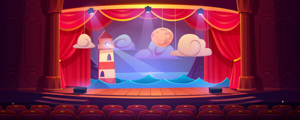 Theater stage with red curtains, seats and decoration beacon, sea waves and moon with clouds. School theatre, music hall, opera interior with wooden scene and columns, Cartoon vector illustration - obrazy, fototapety, plakaty